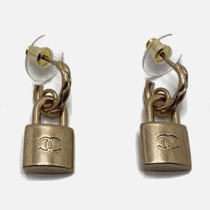 Authentic Chanel Drop Lock Padlock Earrings Gold Hardware
